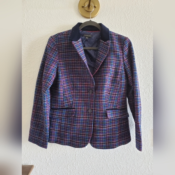 Talbots Wool Blend Tartan Plaid Blazer Navy Green Jacket Velvet Trim 10 $189 - Picture 1 of 7